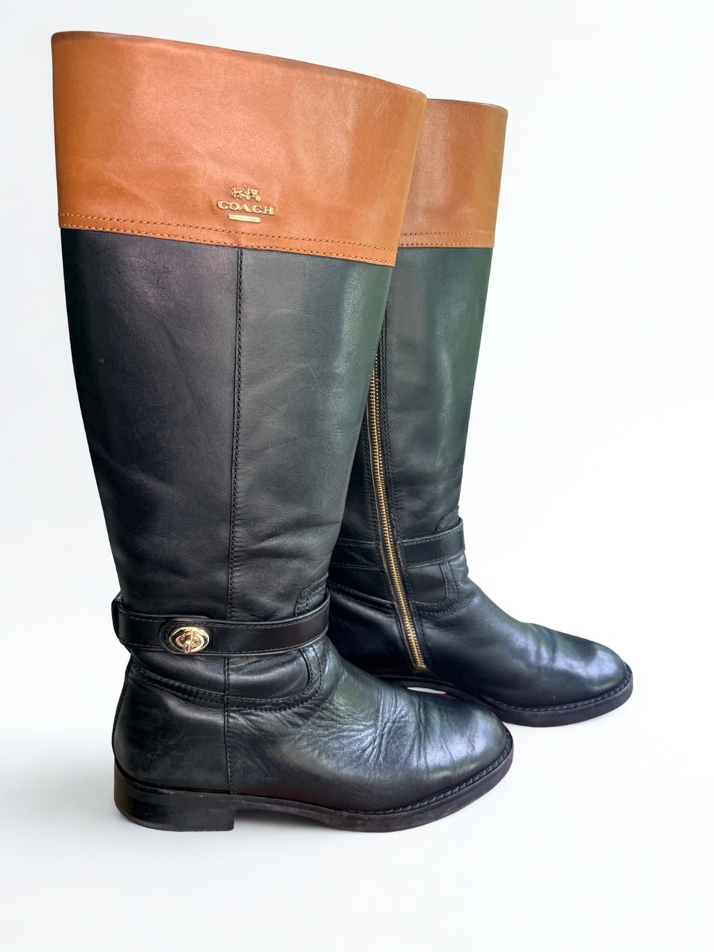 Coach Eva Mat Two Tone Tall Leather Riding Boots Black Saddle Brown 8.5 w/ box - Picture 2 of 8